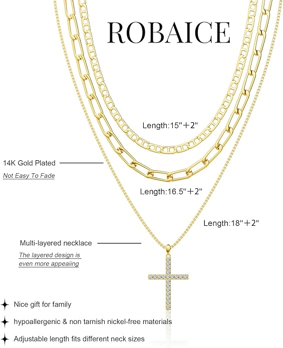 Layered Necklace for Women 14K Gold Plated Dainty Paperclip Herringbone Pearl Cross Pendant Necklace Stack，Layering Chain Cuban Figaro Rope Chain Choker Trendy Gold Jewelry Gift