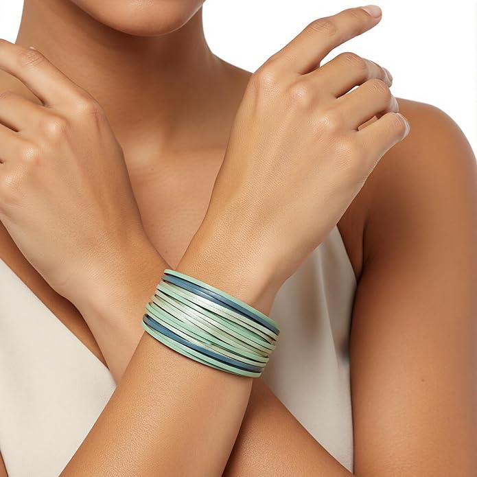 Edoneery Leather Wrap Bracelet for Women, Boho Handmade Multi-Layer Cuff with Crystal Beads Heart, Stackable Bangle Western Jewelry Gift