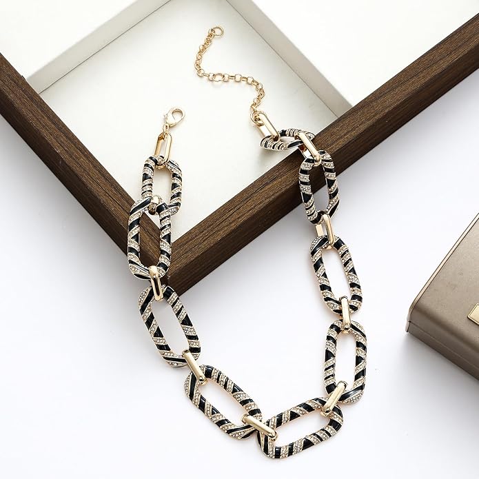 Chunky Chain Necklace Geometric Links Collar Necklace, Animal Prints Black and White Enamelled with Rhinestone Embellished Details Women Gifts