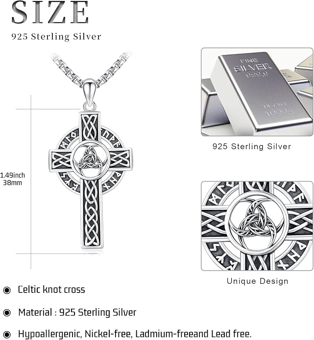 Midir&Etain Celtic Cross Necklace 925 Sterling Silver Cross Pendant Necklace Celtic Viking Irish Jewelry Religious Protective Gift for Men Women