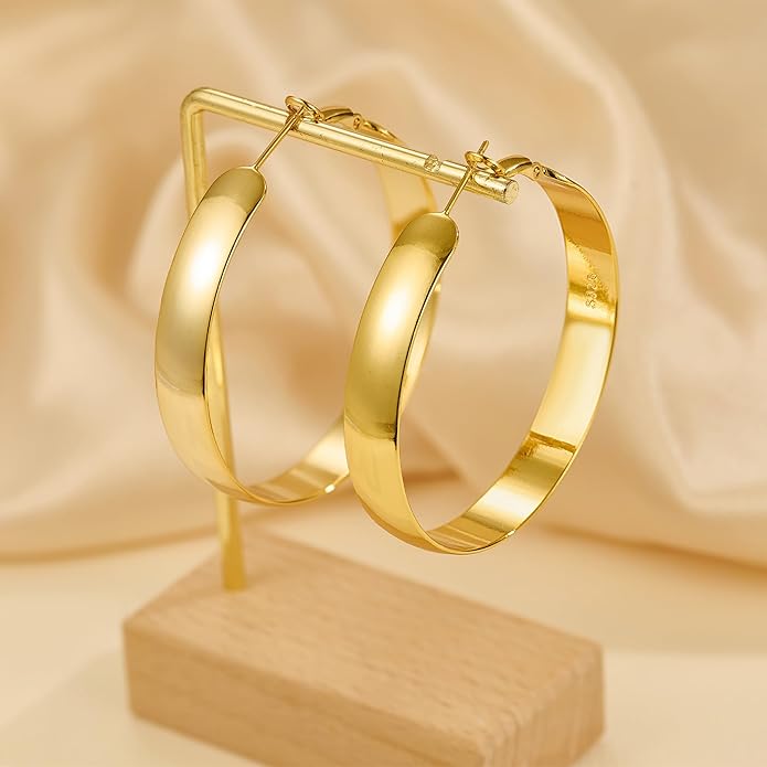EXGOX 5mm Wide Gold Hoop Earrings for Women,Sterling Silver Hoop Earrings Large Silver Hoop Earrings Hypoallergenic Lightweight 14K Real Gold Plated Big Hoop Earrings for Women 30/40/50/60/70mm