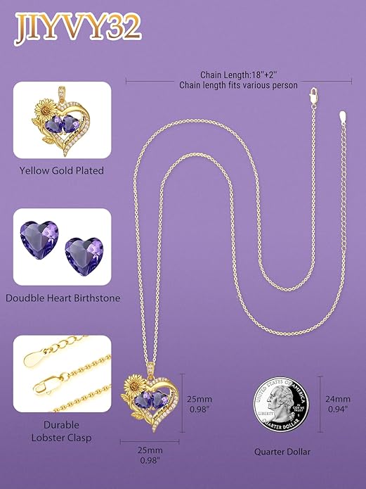 Sunflower Heart Necklace for Women 14K Gold Exquisite Anniversary Birthday Gifts for Wife Mother Her Double Birthstone Pendant jewelry‘You Are My Sunshine’