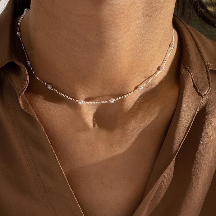 Gold Pearl Necklace for Women, 14K Gold Plated Layered Pearl Necklaces for Women Trendy Simple Herringbone Chain Pearl Necklace for Women Gold Jewelry Gifts