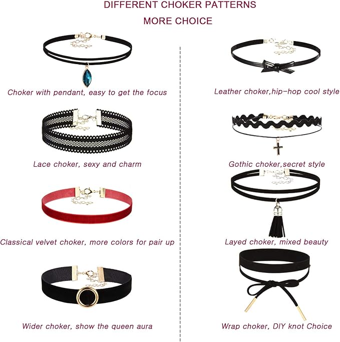 K&Q 52 PCS Choker Necklace, Classic Gothic Black Cute Lace Velvet Collar Choker Necklace Set