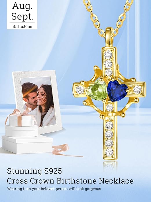 Zeuslia Double Birthstone Necklace Gifts for Wife - 925 Sterling Silver Sunflower/Rose/Crown Cross/Compass/Heart Pendant I Love You Necklace, Anniversary Birthday Gifts for Wife Girlfriend Mom Her
