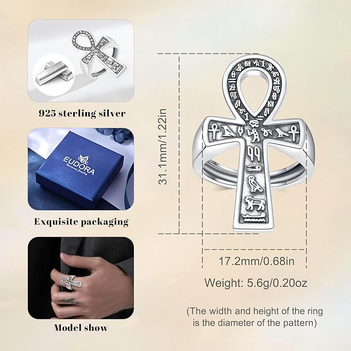 EUDORA S925 Sterling Silver St Benedict Ring San Benito Rings for Women Men, Vintage Ankh Cross Ring Saint Benedict Amulet Adjustable Rings Gifts for Women Mens Father Mother