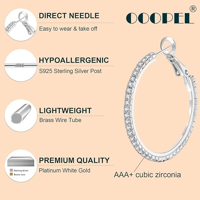 925 Sterling Silver Earrings Large Rhinestone Hoop Earrings Big Cubic Zirconia Hoop Earrings Thin Rhinestones Round Hoop Earrings for Women 20/30/40/50/60/70mm Sparkly Hoops With Crystals for Womens