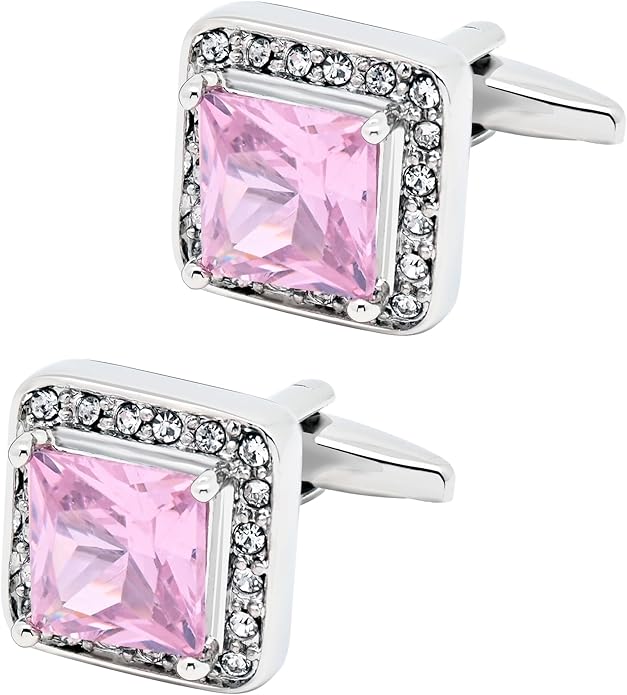 Jonwo Pink Crystal Square Silver Cufflinks for Men Lady In Gift Case Classic Faceted Gemstone Men's Cufflinks Jewelry Set for Wedding Anniversary Business Party Events Tuxedo Dress