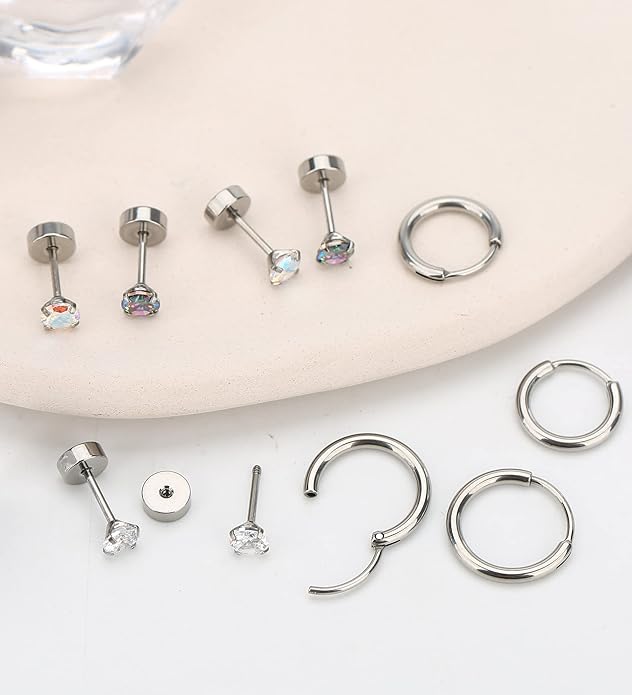 MJust Titanium Earrings for Sensitive Ears 20G Hypoallergenic Stud Hoop Earrings for Women Men Opal Ball CZ Heart Pearl Flat Back Earrings Cartilage Earrings Set