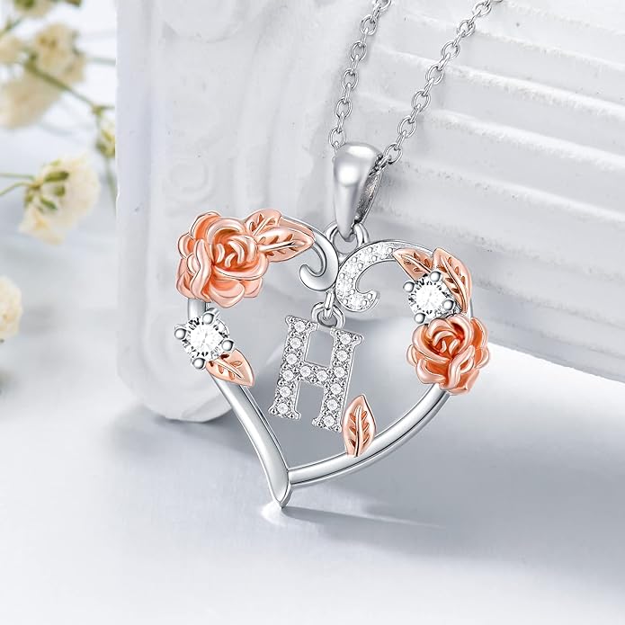 AOBOCO Rose Heart Necklaces Valentines Gifts for Women, 925 Sterling Silver Rose Love Heart Initial Letter Pendant Necklace Jewelry Mothers Day Christmas Birthday Gifts for Her Mom Wife Girlfriend