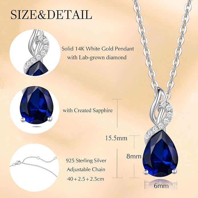 FANCIME 14K Solid White Gold Teardrop Pendant with Diamond Birthstone Necklace
