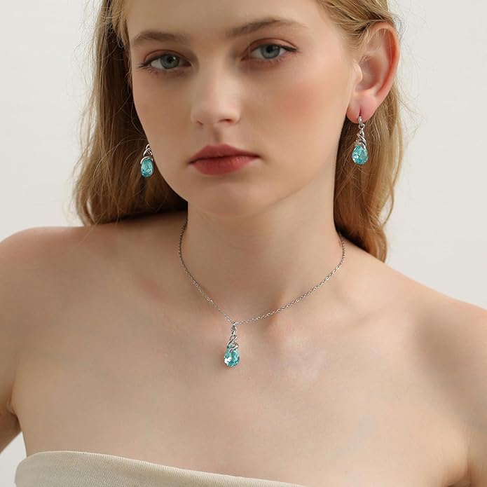RUOFFETA Teardrop Crystal Jewelry Set, Birthstone Pendant Necklace Drop Dangle Earrings for Women