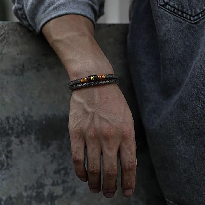 LUXEJEW Gifts for Men - Mens Bracelet, Beaded Leather Initial Bracelet 6mm Matte Agate Stone Handmade Bracelets Adjustable Stainless Steel Magnetic Clasp Mens Jewelry Gifts