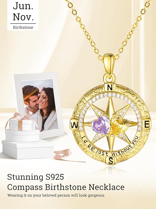 Zeuslia Double Birthstone Necklace Gifts for Wife - 925 Sterling Silver Sunflower/Rose/Crown Cross/Compass/Heart Pendant I Love You Necklace, Anniversary Birthday Gifts for Wife Girlfriend Mom Her