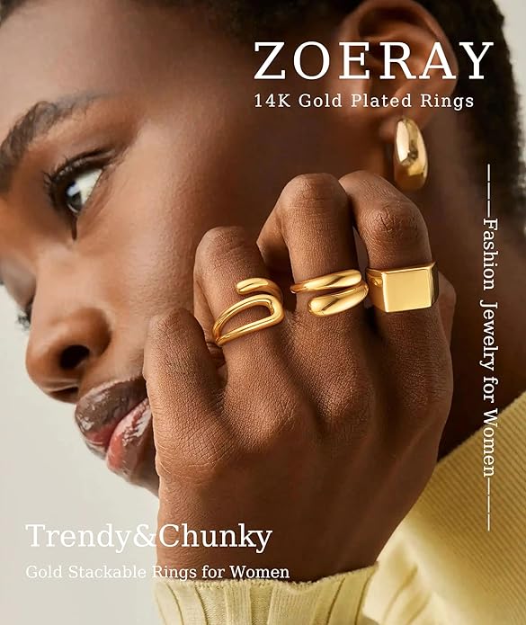 ZOERAY Chunky Gold Rings for Women Non Tarnish Trendy 14k Gold Plated Adjustable Signet Band Stackable Thumb Ring Set Open Twist Dome Statement Stacking Rings Jewelry Gifts for Women Size 5-10