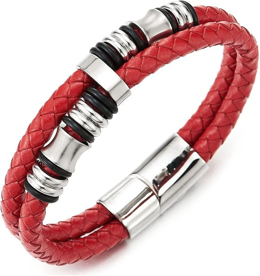 COOLSTEELANDBEYOND Mens Double-Row Braided Leather Bracelet Bangle Wristband with Stainless Steel Ornaments