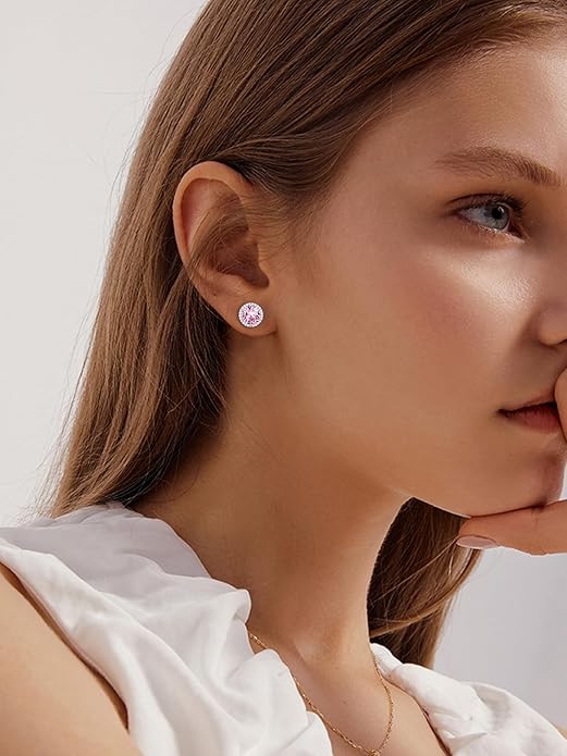 ChicSilver 925 Sterling Silver Birthstone Earrings for Women, 8MM/2 Carat Heart & Round Cubic Zirconia Stud Earrings, Hypoallergenic Jewelry, Ideal Birthday or Christmas Gifts