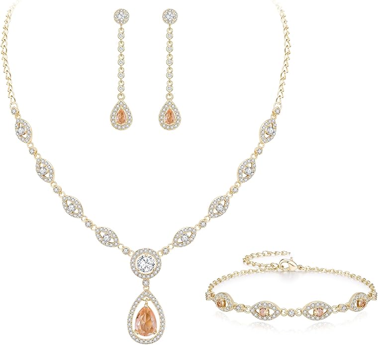 EVER FAITH Bridal Jewelry Set for Women, Stunning Teardrop Cubic Zirconia Birthstone Necklace Bracelet Earrings Sets Gift for Mothers Day/Valentines/Birthday/Christmas