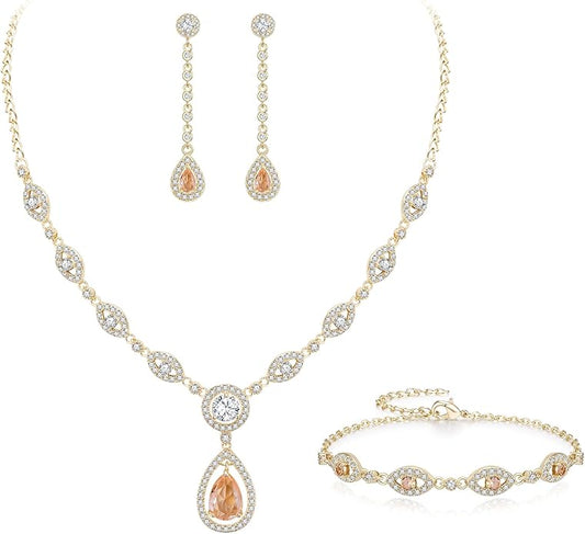 EVER FAITH Bridal Jewelry Set for Women, Stunning Teardrop Cubic Zirconia Birthstone Necklace Bracelet Earrings Sets Gift for Mothers Day/Valentines/Birthday/Christmas