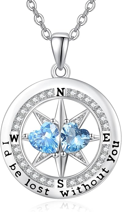 Compass Birthstones Necklace for Women, Exquisite Anniversary Birthday Gifts for Wife Her Double Birthstone Pendant jewelry ‘I'd be Lost Without You’
