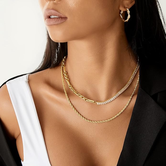 KissYan Diamond Tennis Necklace for Women, 14K/White Gold Plated Cubic Zirconia Baguette Tennis Chain Chunky Paperclip Link Cuban Choker Necklace Dainty Jewelry Gifts