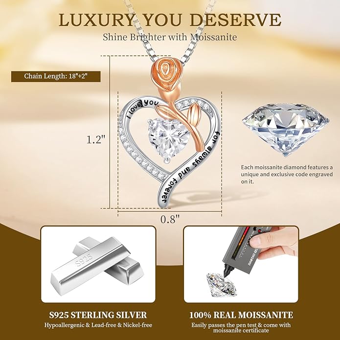 Moissanite Heart Necklaces for Women, 18K White Gold Plated 925 Sterling Silver 1-3CT Moissanite Pendant Jewelry Wedding Anniversary Birthday Christmas Gifts for Wife Mom Girlfriend Sister Grandma