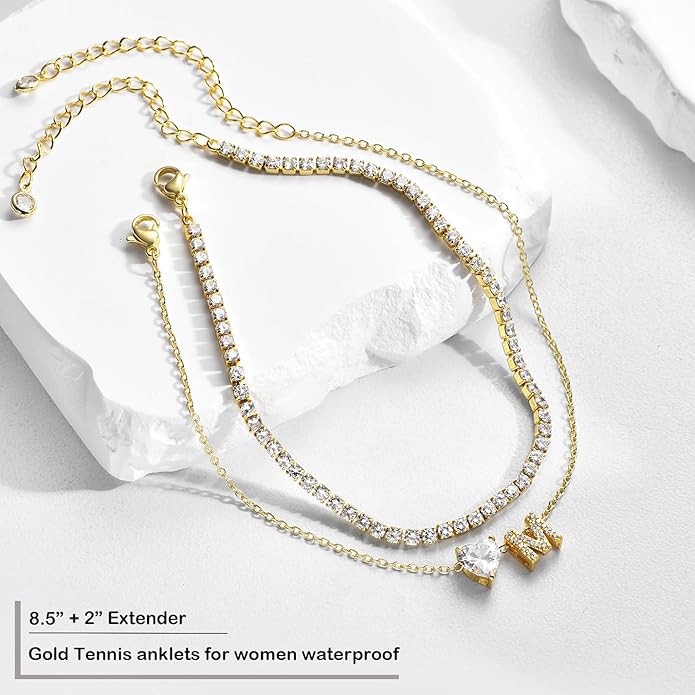 Gold Initial Ankle Bracelets for Women Waterproof 14K Gold Filled Layered Anklets for Women Non Tarnish Women's Anklets Adjustable Large Ankle Summer Beach Foot Jewelry