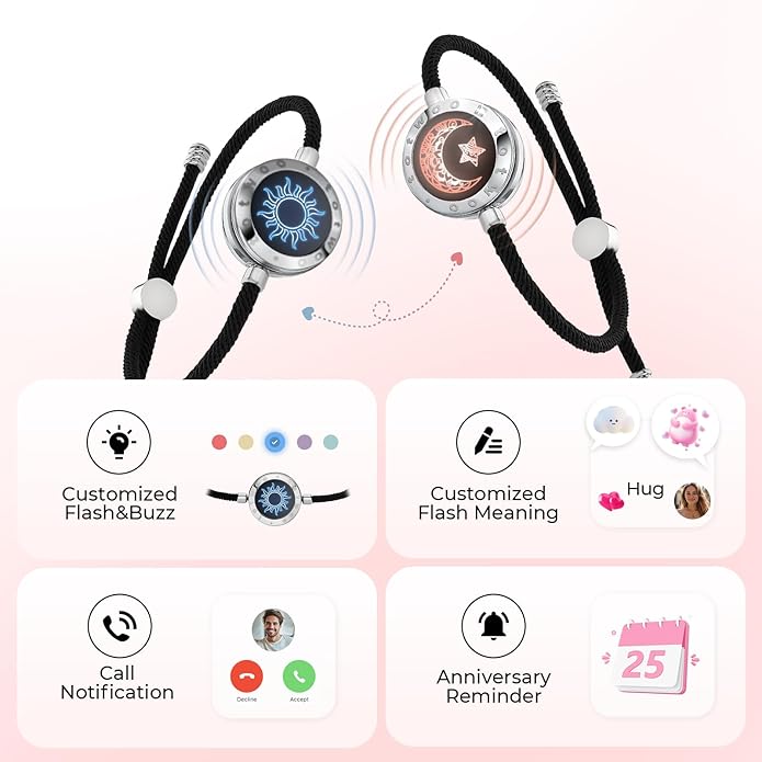 TOTWOO Long Distance Touch Bracelets for Couples, Smart Light & Vibration Love Jewelry, Long Distance Valentines Day Gifts for Him Her Women Men, One-to-One Bluetooth Pairing via App