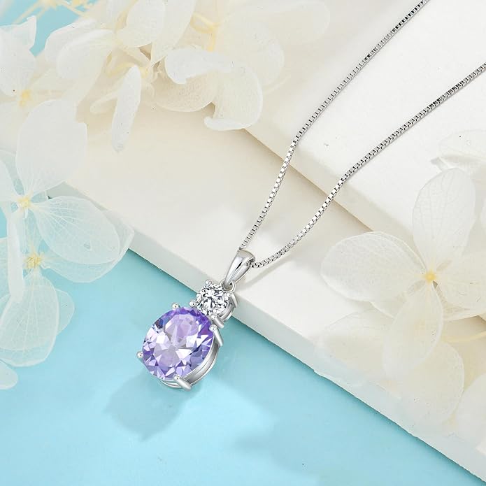 Birthstone Necklace for Women 925 Sterling Silver Oval Cut Cubic Zirconia Pendant Jewelry Gifts for Her
