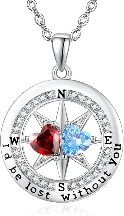 Compass Birthstones Necklace for Women, Exquisite Anniversary Birthday Gifts for Wife Her Double Birthstone Pendant jewelry ‘I'd be Lost Without You’