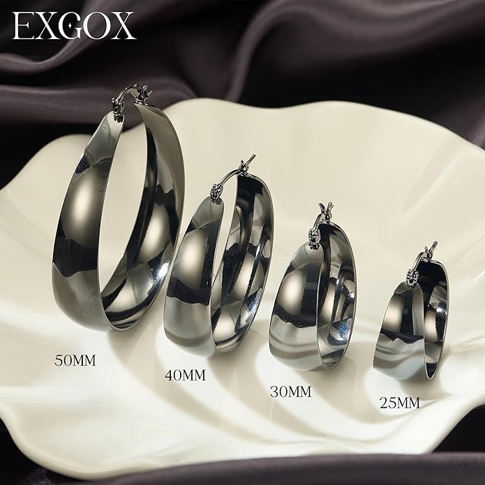 EXGOX Gold Hoop Earrings for Women Sterling Silver Post Hoops Earrings for Women Wide Thick Silver Hoop Earrings Hypoallergenic Lightweight 14k Real Gold Plated Hoop Large Earrings (25/30/40/50MM)