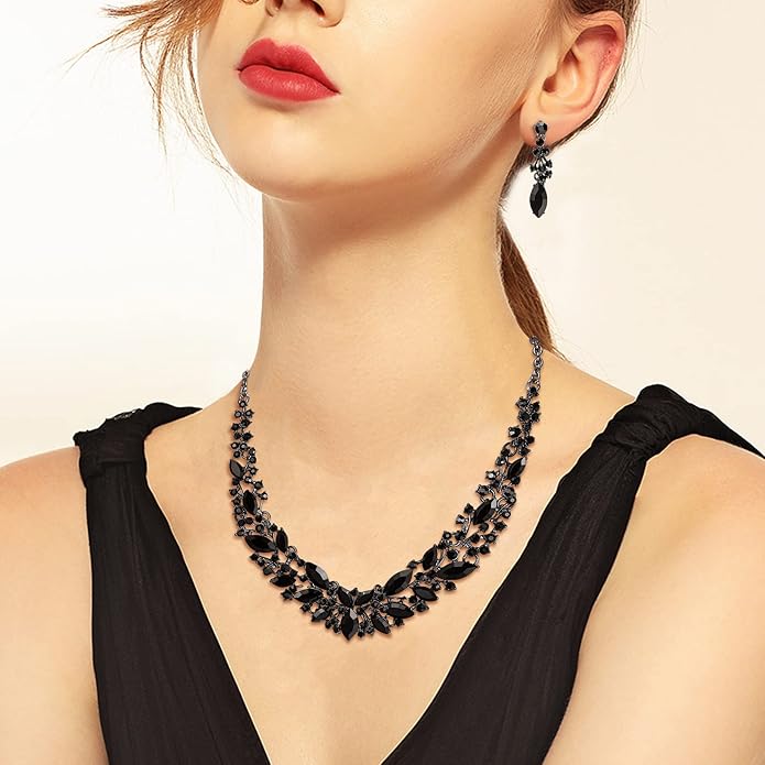 BriLove Women's Wedding Bridal Austrian Crystal Marquise Cluster Collar Necklace Dangle Earrings Set