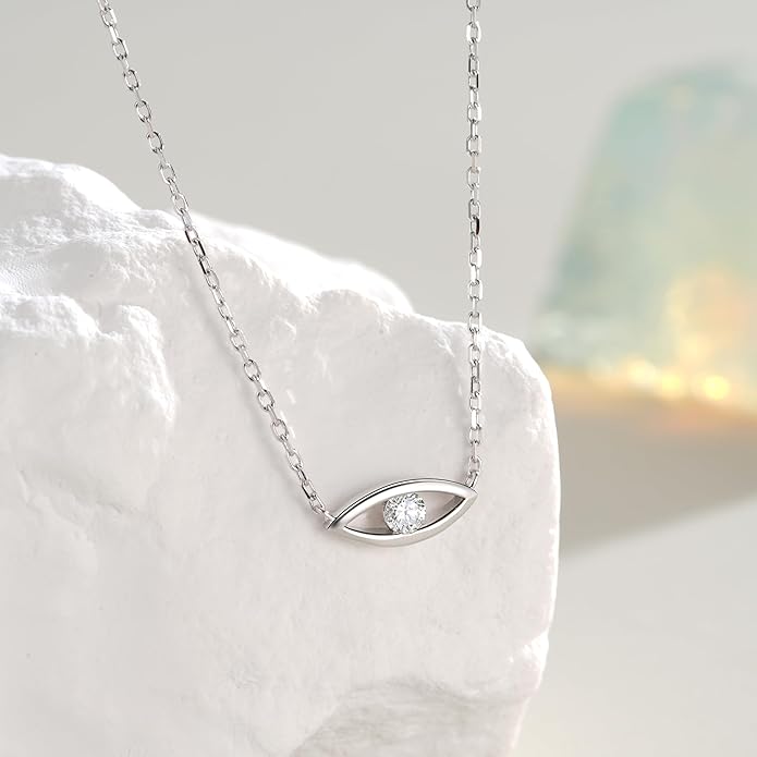 LAB Grown Diamond Evil Eye Pendent Necklace in S925 Sterling Silver Dainty Jewelry Gifts for Women, VVS1-VS1 Clarity, E-F Color (Silver)