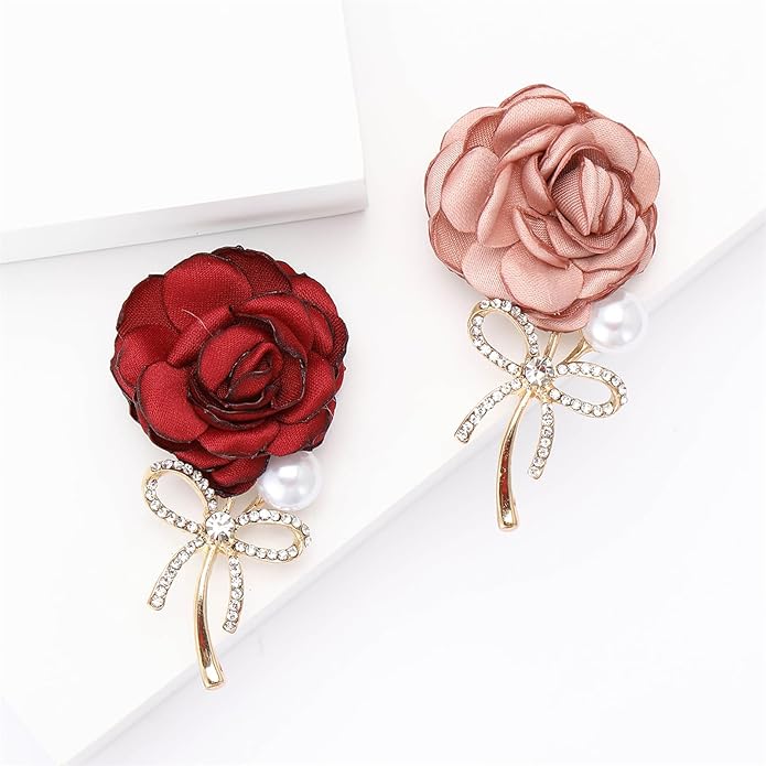 Dreuyet Rose Flower Brooch for Women Dainty Elegant Satin Fabric Flower Lapel Pins Vintage Pearl Camellia Crystal Pin Dress Suit Accessories Valentine's Day Wedding Bouquet Jewelry ﻿