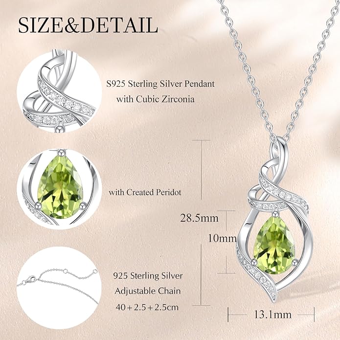 FANCIME Teardrop Gemstone Necklace for Women S925 Sterling Silver Elegant Ribbon Pendent Birthday Gifts for Her, 16"+2" Inches