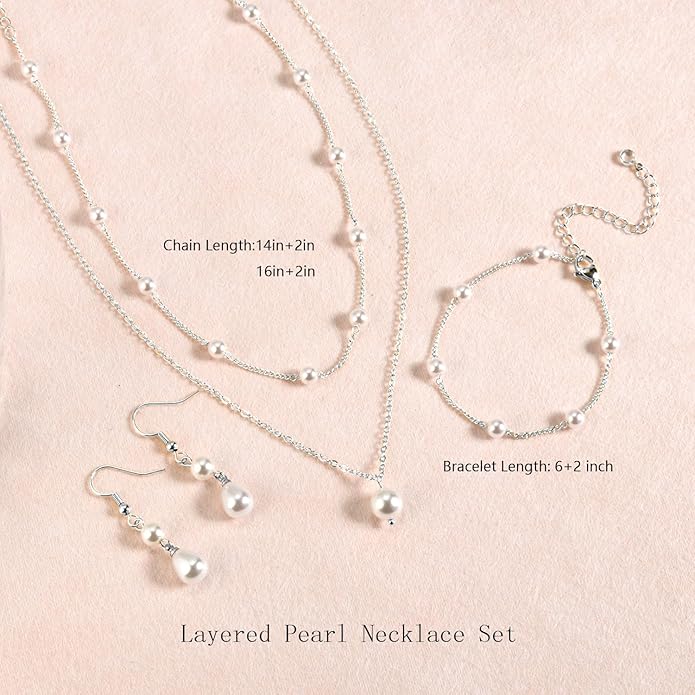 DIBOLA Gold Jewelry Set for Women, Dainty Layered 14K Gold/Silver Pearl Choker Necklaces and Earring Set Pearl Earrings Bracelets Wedding Bride Jewelry