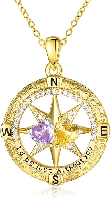 Zeuslia Double Birthstone Necklace Gifts for Wife - 925 Sterling Silver Sunflower/Rose/Crown Cross/Compass/Heart Pendant I Love You Necklace, Anniversary Birthday Gifts for Wife Girlfriend Mom Her