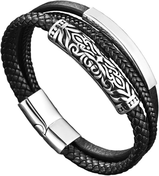 Italian Handmade Genuine Leather Bracelets for Men Stainless Steel Clip, Men's Casual Genuine Multi-layer Cuff Bracelet, Bracelet Gift for Real Men