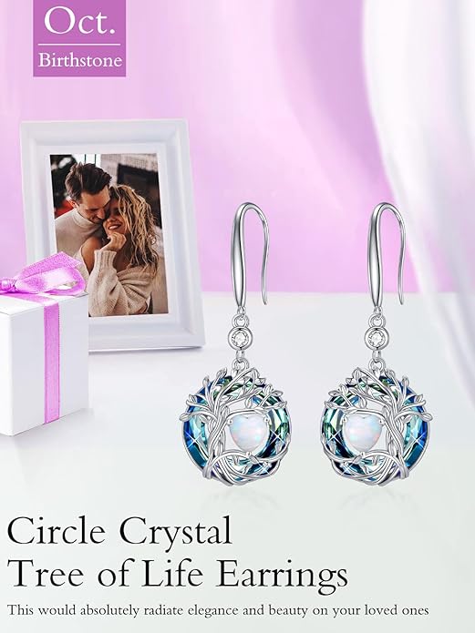 TOUPOP Tree of Life Birthstone Earrings for Women 925 Sterling Silver Family Tree Dangle Earrings Austrian Crystal Jewelry Birthday Christmas Gifts for Her Girlfriend Wife Mom