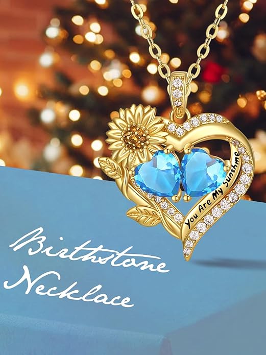 Sunflower Heart Necklace for Women 14K Gold Exquisite Anniversary Birthday Gifts for Wife Mother Her Double Birthstone Pendant jewelry‘You Are My Sunshine’