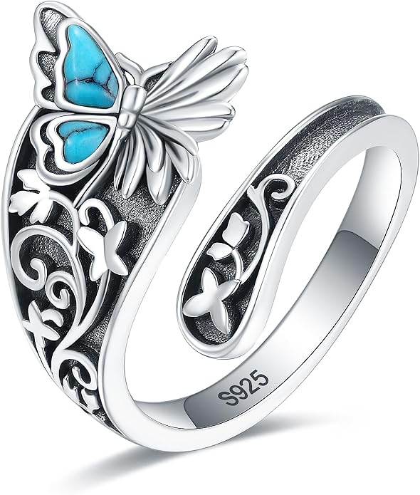 S925-Sterling-Silver Abalone Dragonfly-Turquoise Spoon Ring - Vintage Boho Sunflower Thumb Oxidized Wrap Rings Victorian Style Antique Floral Jewelry Gifts for Women