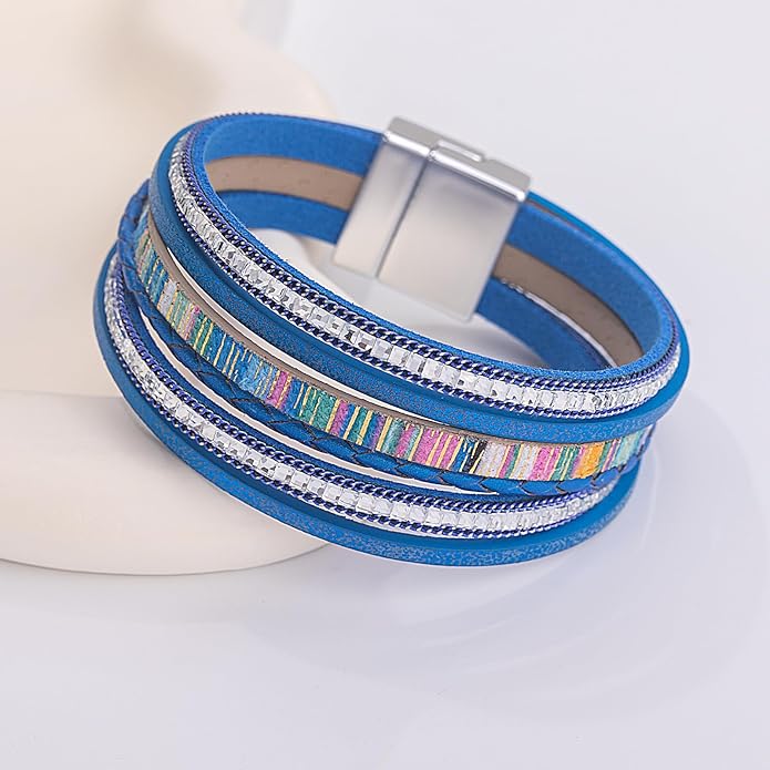 FANCY SHINY Boho Leather Wrap Bracelets Trendy Layered Bracelets with Magnetic Clasp Strackable Bohemian Jewelry Gifts for Women