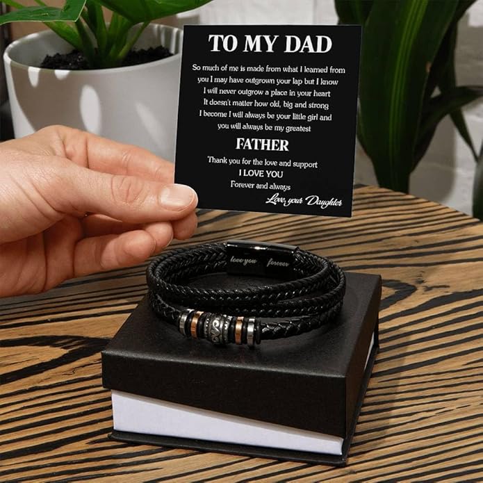 To My Dad Leather Bracelet Father's Day Gift for Dad with Loving Message Card Meaningful Gift from Son or Daughter Men’s Braided Bracelet for Dad Gift for Men Birthday Gift for Dad