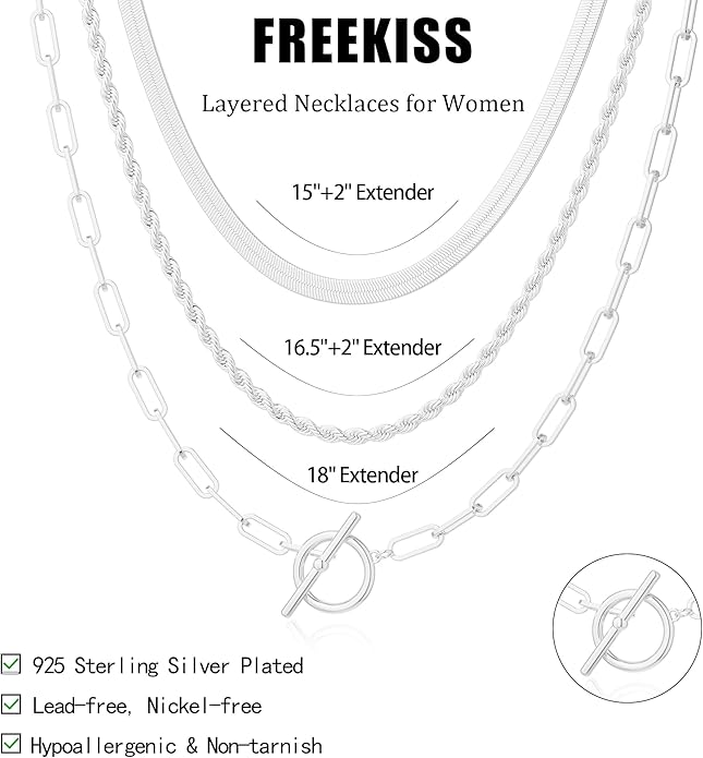 Freekiss Gold Layered Toggle Necklaces for Women: 14K Gold Plated Dainty Link Chain Necklaces Paperclip Cuban Rope Adjustable Choker T-Bar Toggle Clasp Chunky Necklace for Women Trendy Jewelry
