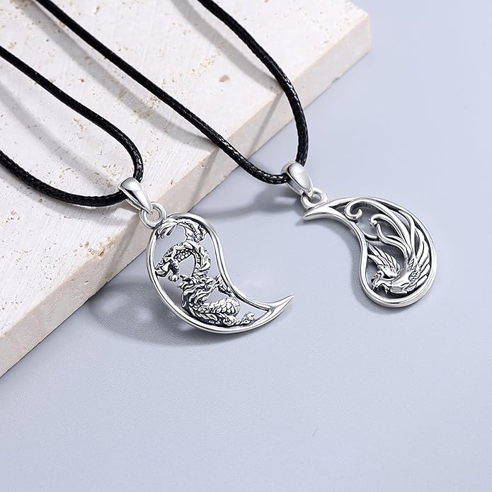 OHAYOO Dragon Phoenix Matching Necklace for Couples 925 Sterling Silver Yin Yang Pendant Necklaces for Couples Jewelry for Him and Her
