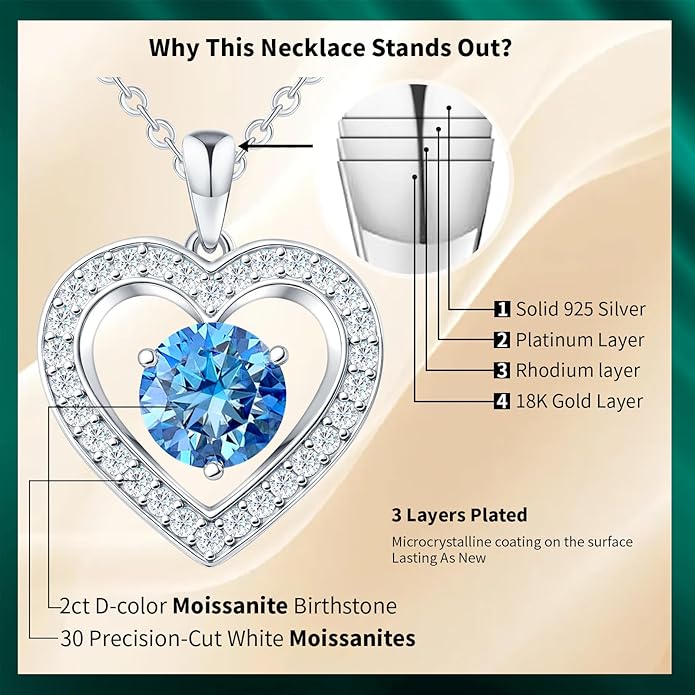 31-Stone Birthstone Heart Necklace for Women | 2ct Moissanite & 30 Sparkling Accents | Valentine's Day, Birthday,Mother's Day, Christmas Gift for Wife, Mother, Girlfriend
