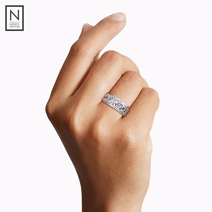 NOVICA Artisan Handmade Sterling Silver Band Ring Leaf Tree No Stone Indonesia [band Width 8 mm W] 'Flourishing Foliage'
