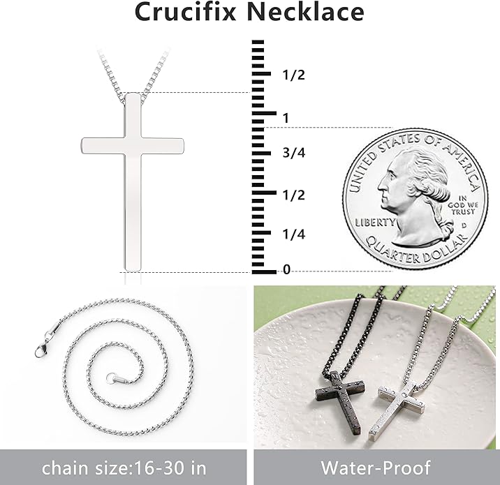 Romass 2 Pcs Cross Necklace for Men Boys,Stainless Steel Pendant Silver Black Gold Crosses Chain Jewelry Gifts Box 16-30 inches