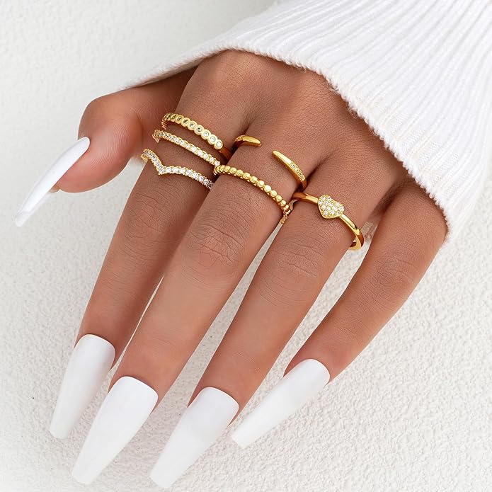 FAXHION Gold Rings for Women Non Tarnish, 14k Gold Plated Stacking Cubic Zirconia Thumb Ring Set, Dainty Gold Knuckle Women Rings Set Size 5 6 7 8 9 10