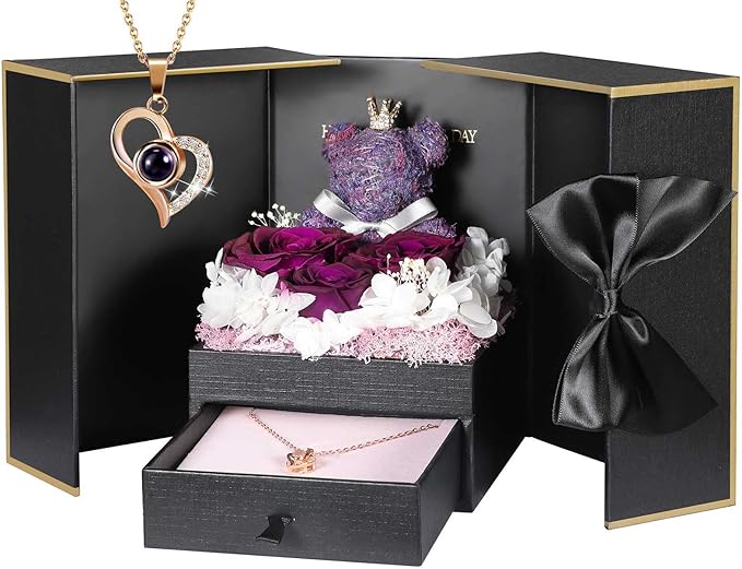 ADDWel Rose Gifts for Women - Preserved Real Roses Forever Purple Flowers with I Love You in 100 Languages Necklace and Cute Moss Bear for Girlfriend Wife Mom Grandma on Birthdays, Anniversaries